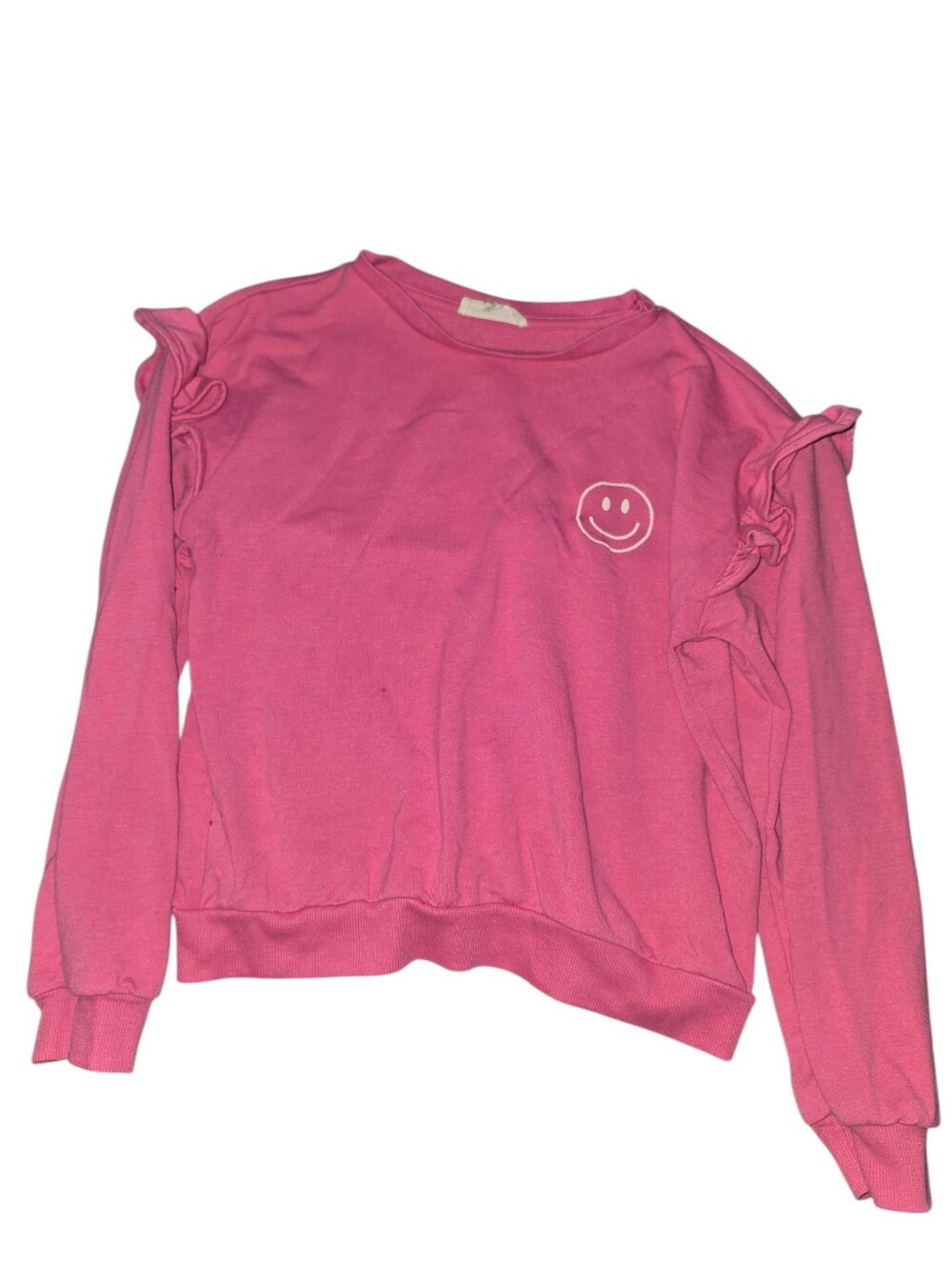 9/8/91. Girls Jessica Simpson Pink Ruffle-Sleeve Sweatshirt with White Smiley